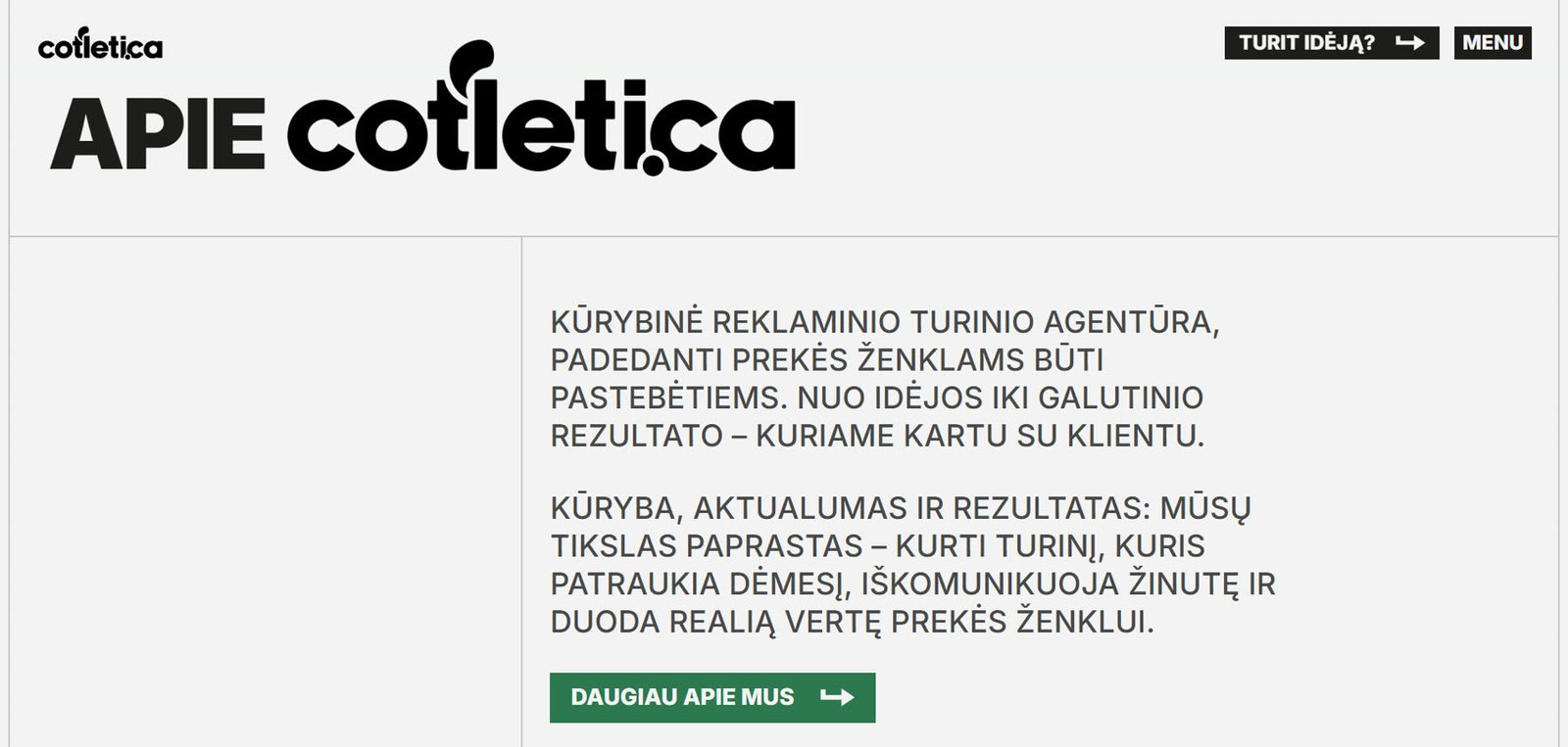 „Apie Cotletica“ sekcija su agentūros aprašymu