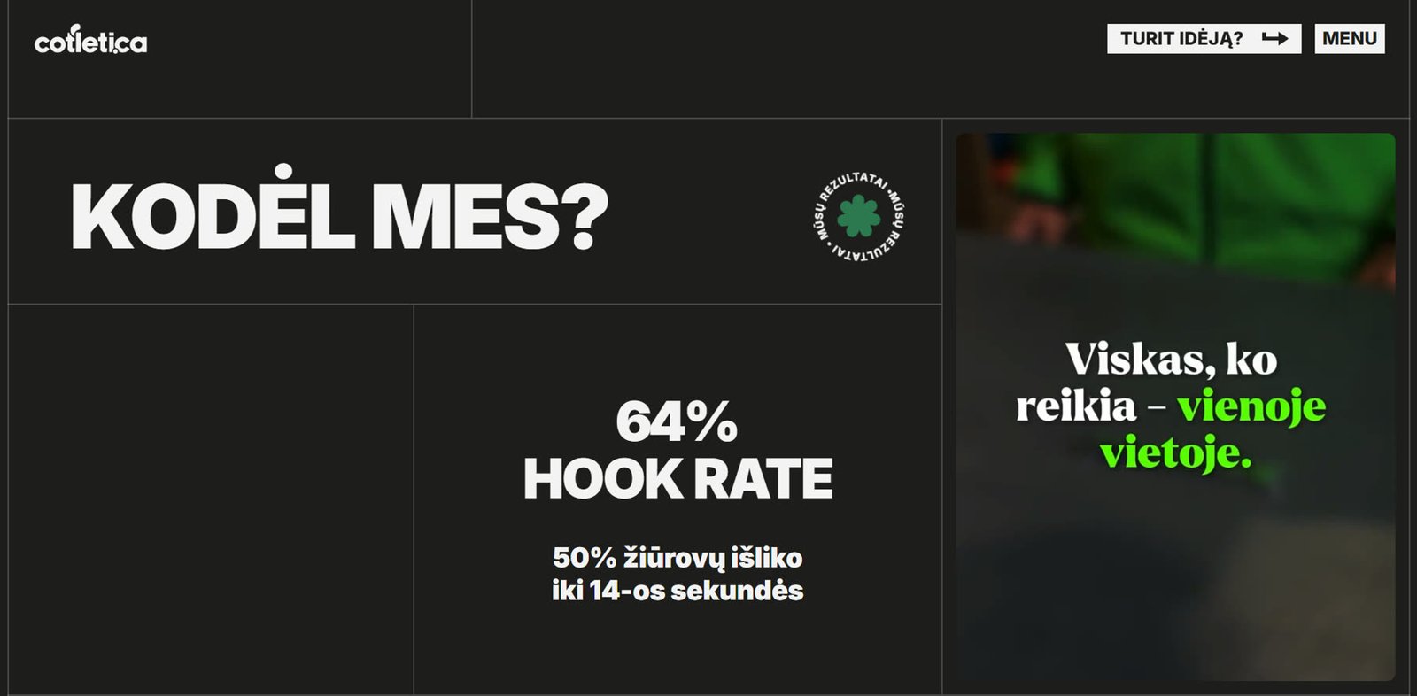 Sekcija „Kodėl mes?“ su 64 % hook rate rodikliu