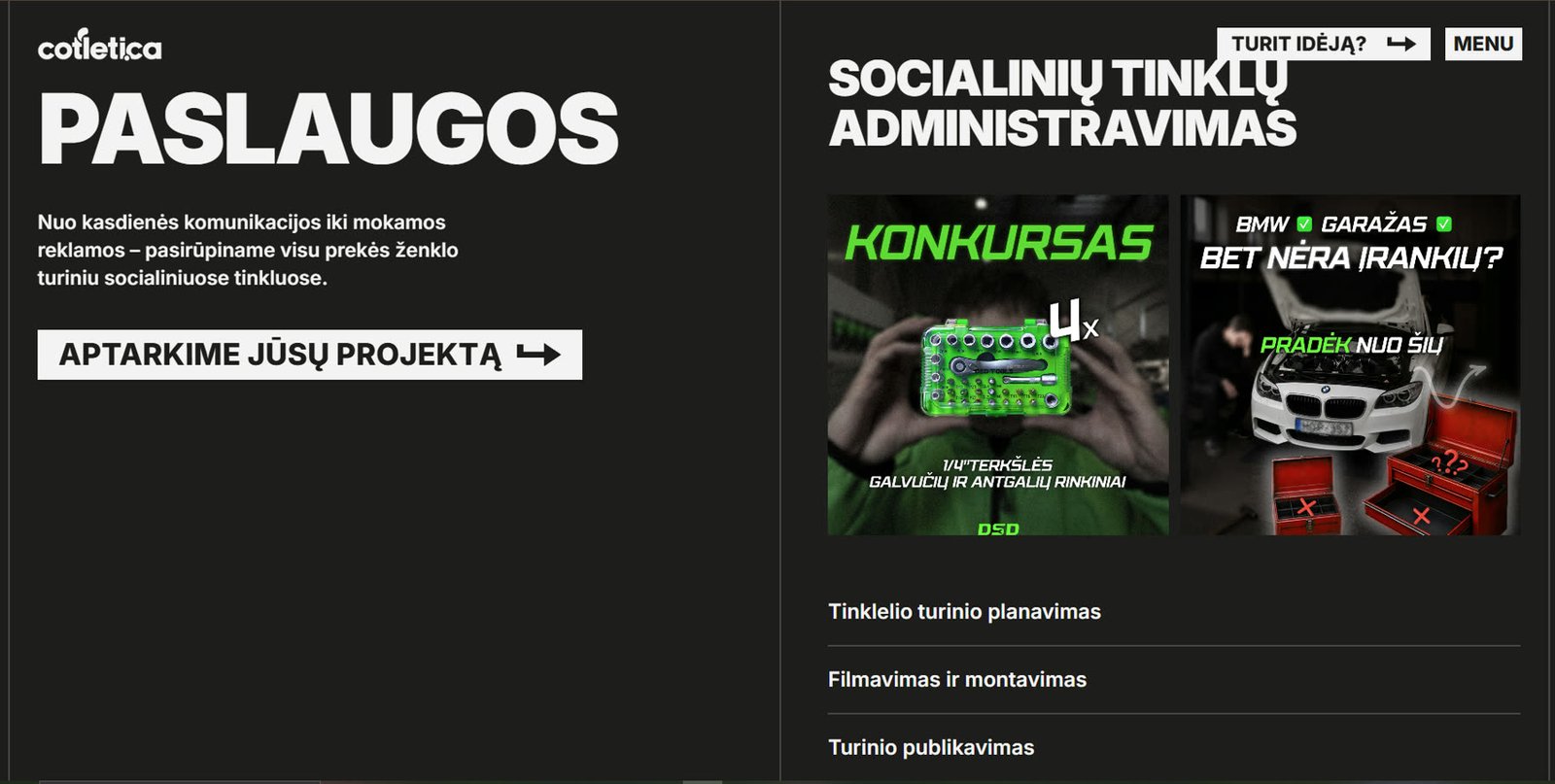 Paslaugų sekcija tamsiame fone su socialinių tinklų administravimu
