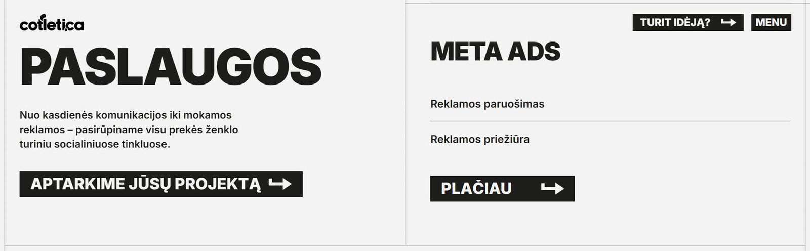Paslaugų sekcija šviesiame fone su „Meta Ads“