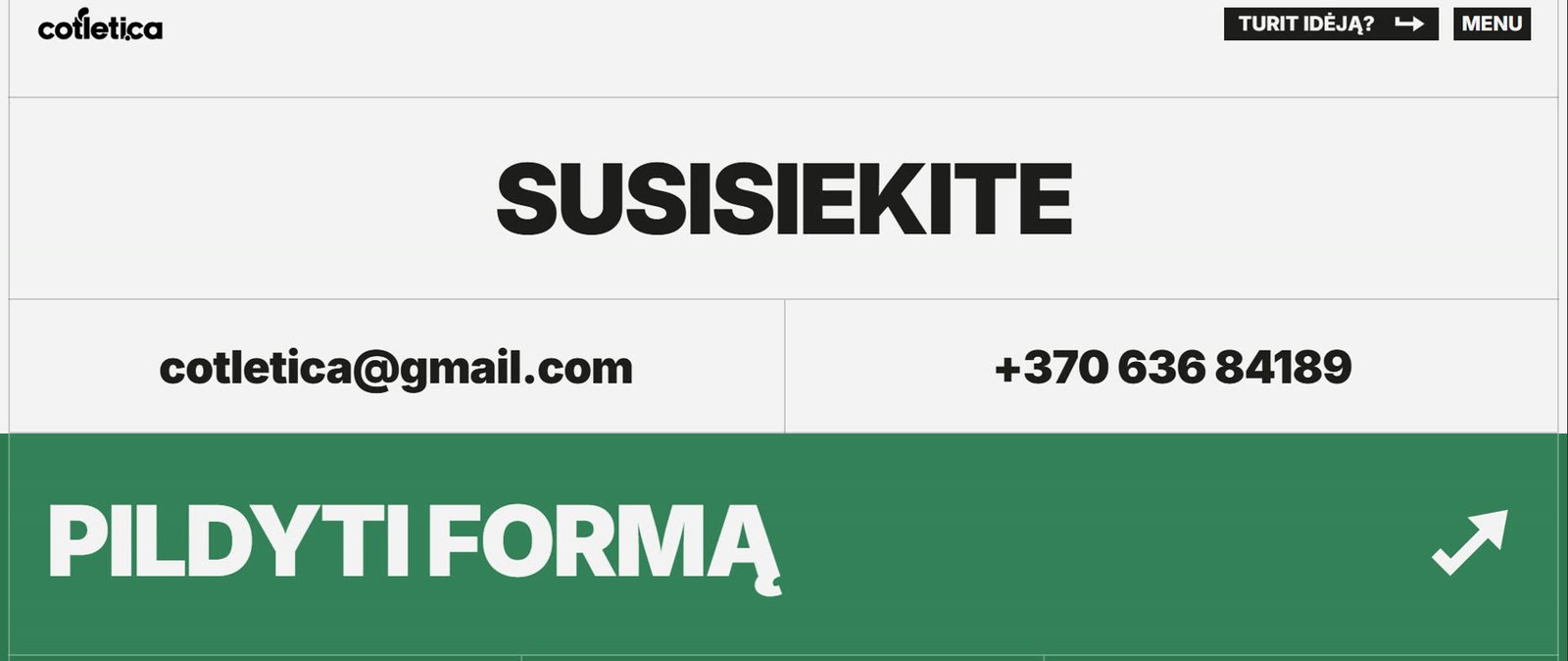 Kontaktų sekcija „Susisiekite“ ir mygtukas „Pildyti formą“