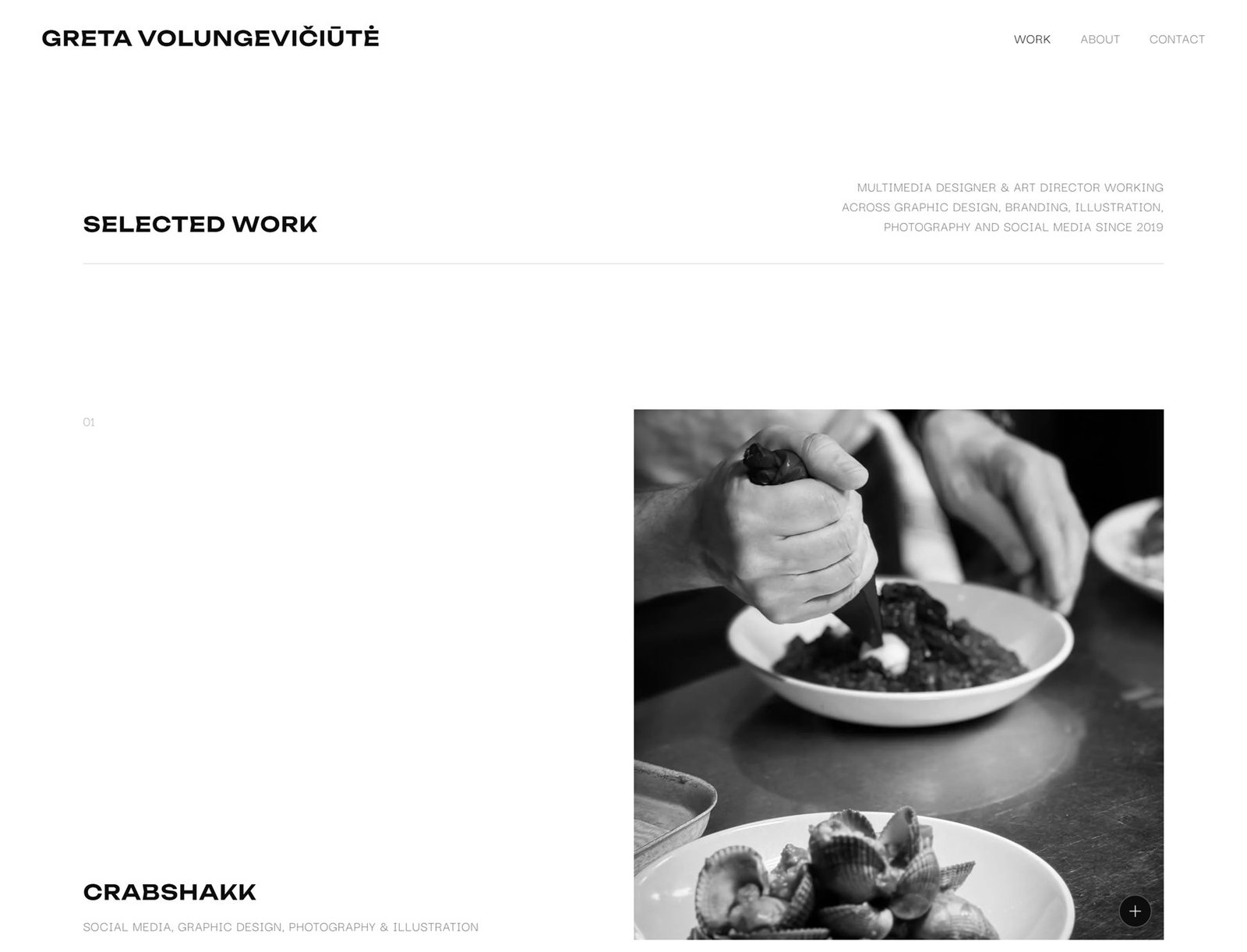 Atliktų darbų sąrašo pradžia: antraštė „Selected work“ ir pirmas projektas Crabshakk