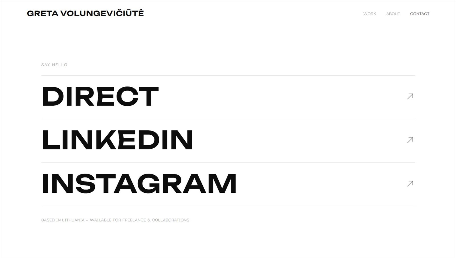 Kontaktų puslapis: trys stambios eilutės – Direct, LinkedIn ir Instagram