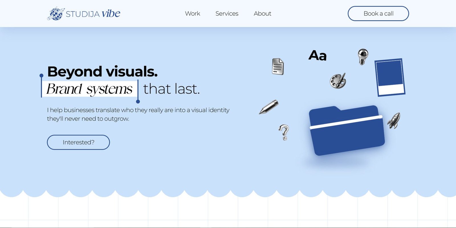 The opening screen with the “Beyond visuals. Brand systems that last.” headline