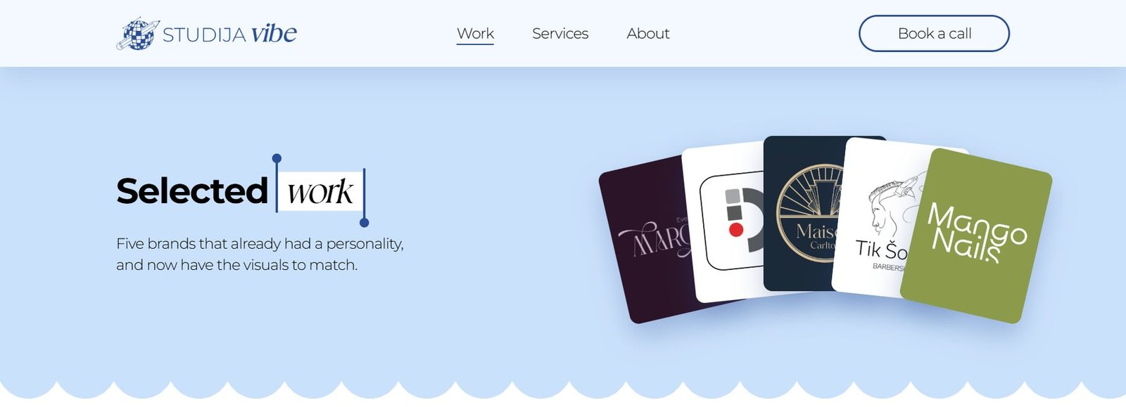 The “Selected work” section with fanned-out brand cards