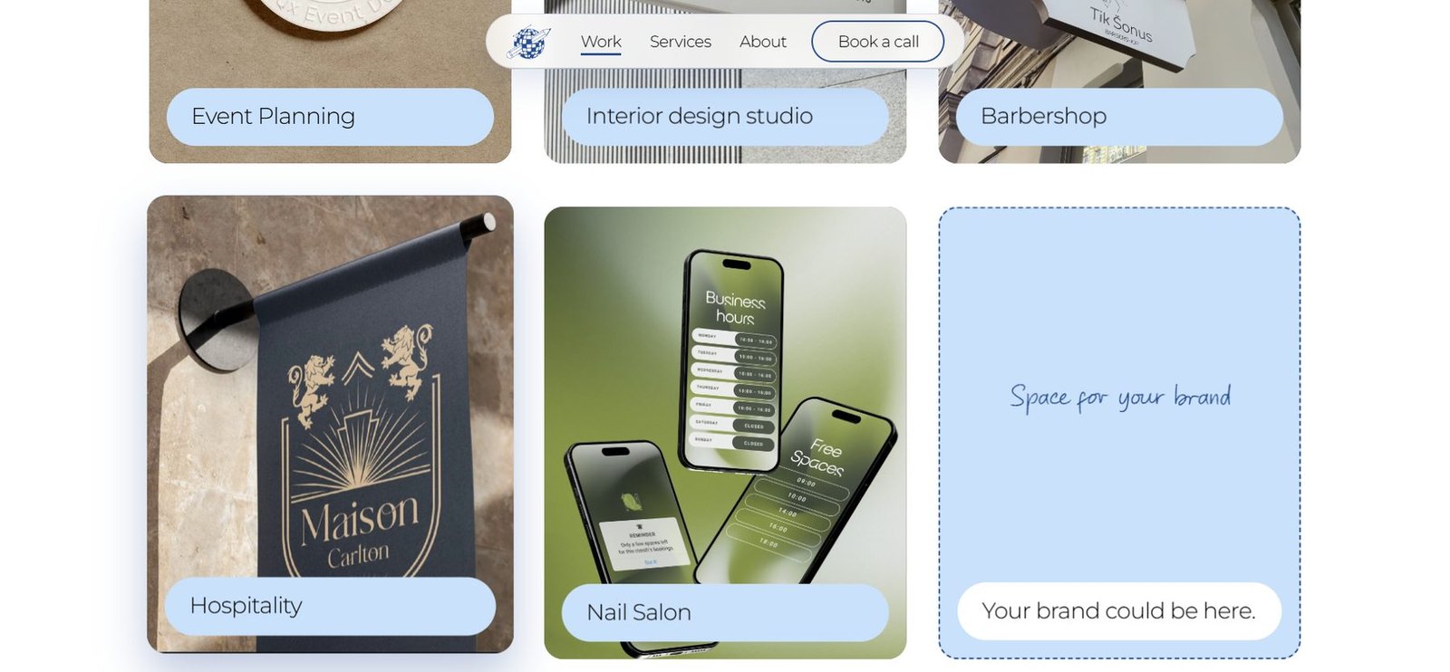 The work grid: events, interiors, a barbershop, hospitality and a nail salon