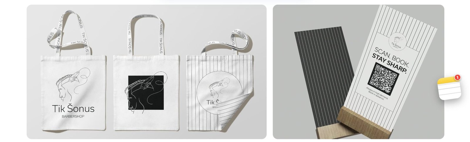 Tik Sonus tote bags and the “Scan book, stay sharp” card