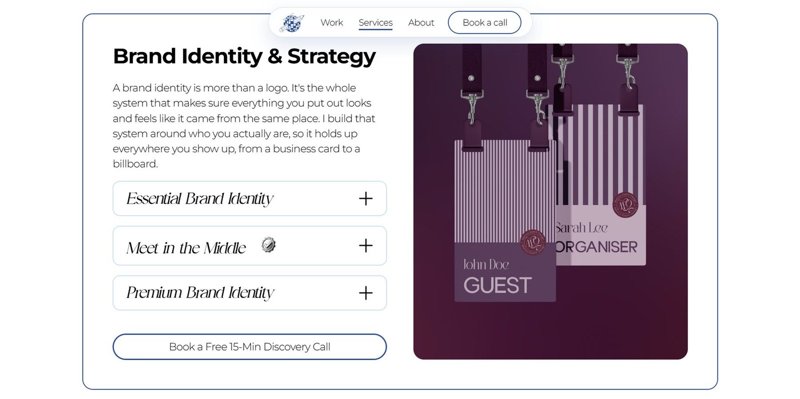 The services page: “Brand Identity & Strategy” with its packages
