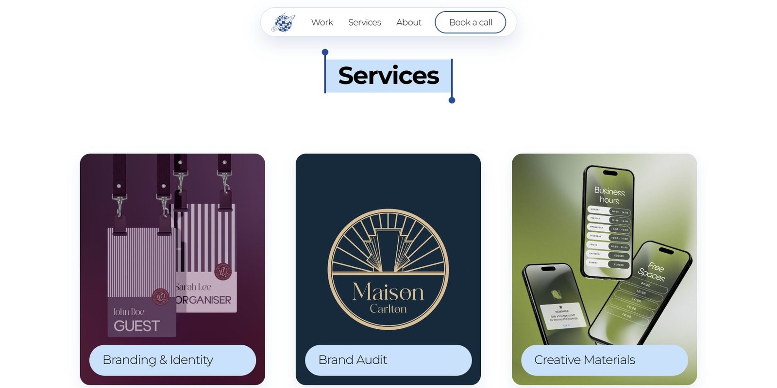 The service categories: Branding & Identity, Brand Audit and Creative Materials
