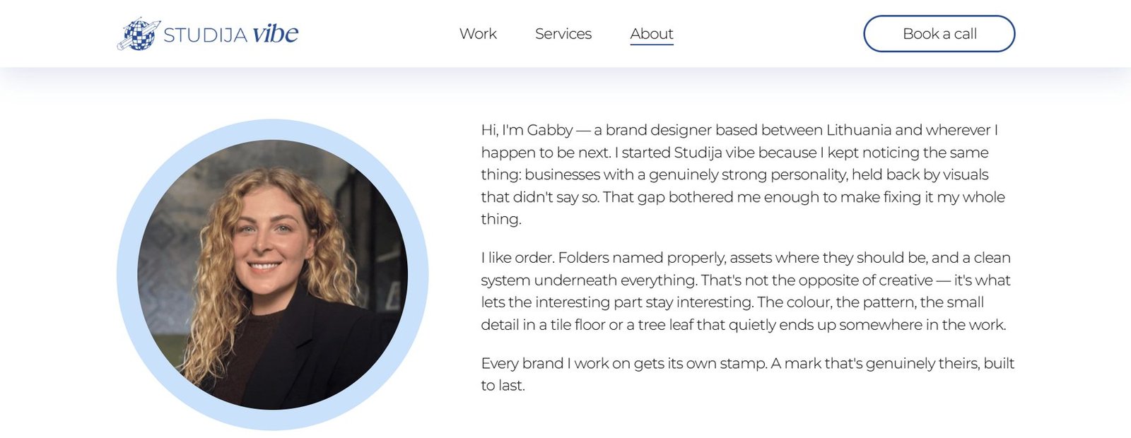 The About page with the designer’s photo and her story