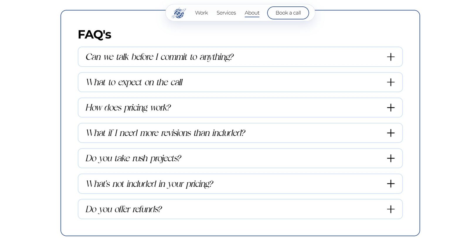 The FAQ section, answering the most common questions before ordering