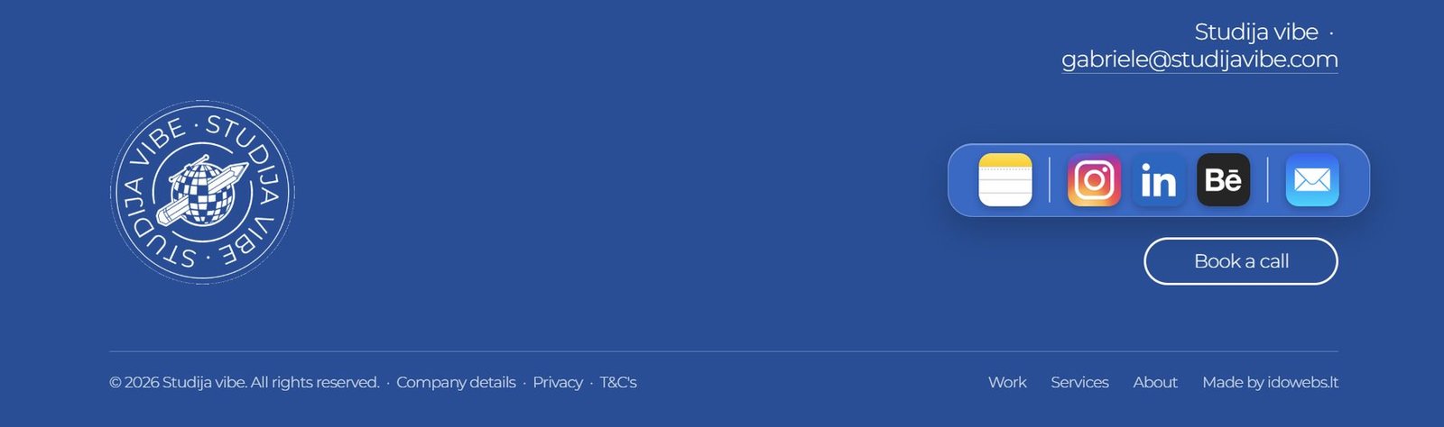 The footer with its macOS-style social bar and “Book a call”